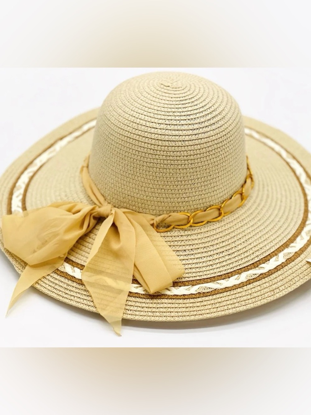 Women's Straw Sun Hat with Chiffon Bow - Beige